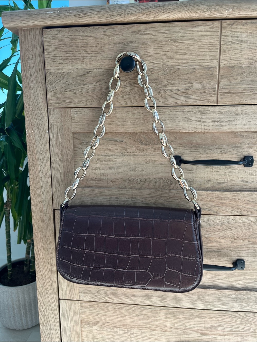 Zara Burgundy Croc-Embossed Shoulder Bag